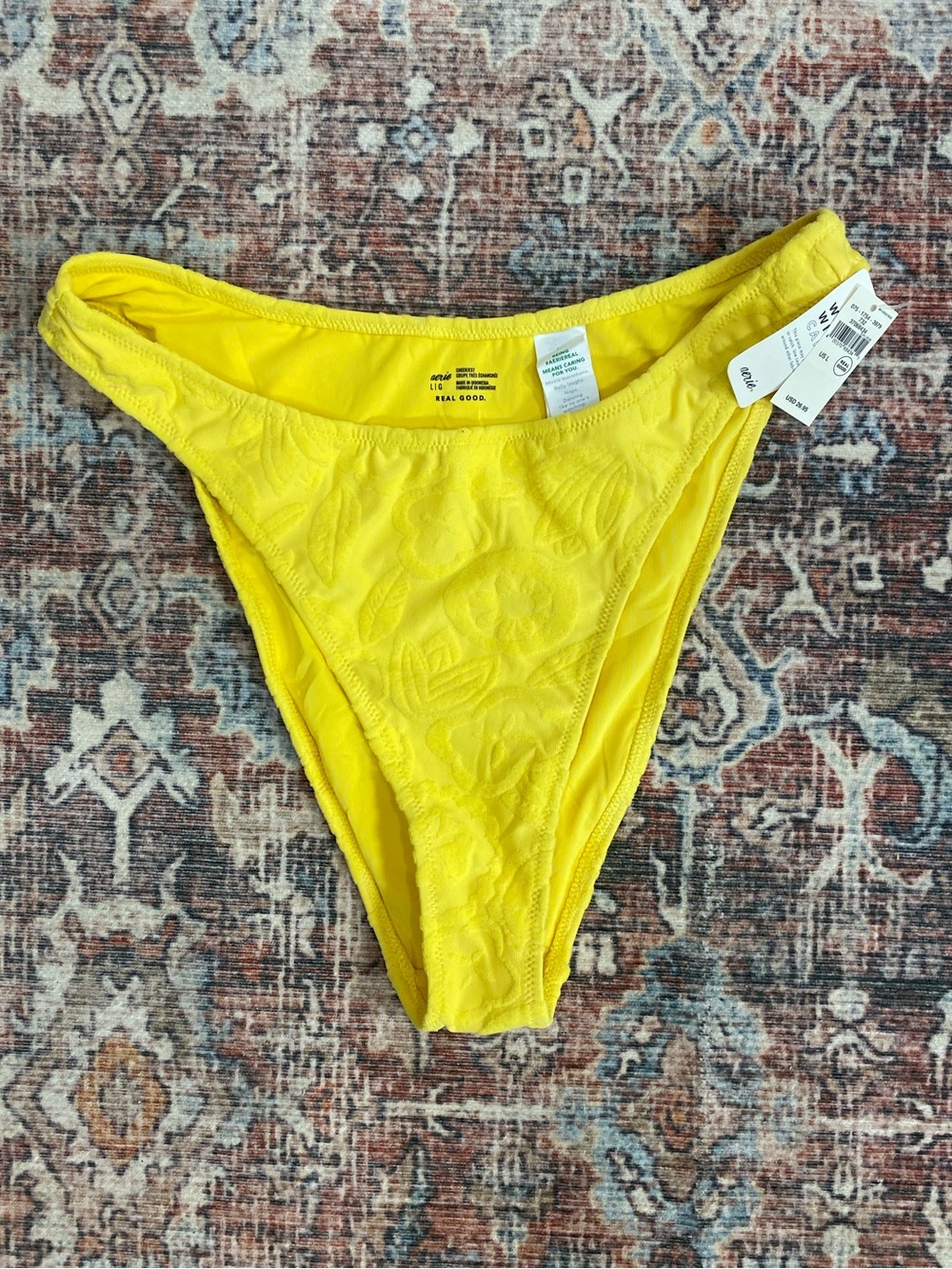 Aerie NWT yellow floral textured terry cloth cheekiest bikini bottom L